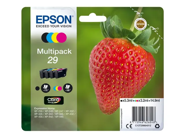 Epson 29 Multipack - 4-pack - 14.9 ml svart, gul, cyan, magenta - original - blære med RF/lyd-alarm - blekkpatron - for Expression Home XP-235, 245, 247, 255, 332, 335, 342, 345, 432, 435, 442, 445, 455 