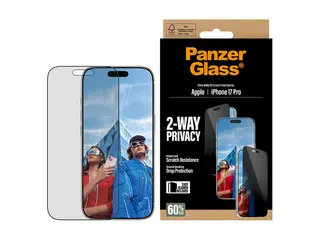 PanzerGlass - Skjermbeskyttelse for mobiltelefon ultravid passform m. EasyAligner - glass - med personvernsfilter - 2-veis - rammefarge svart - for Apple iPhone 17 Pro