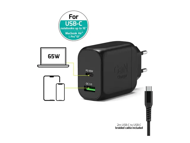 PORT Connect - Strømadapter - GaN - 65 watt - 3.25 A - PD, QC 3.0 ...