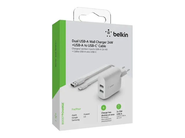 Belkin BoostCharge - Strømadapter 24 watt 2 utgangskontakter (USB)...