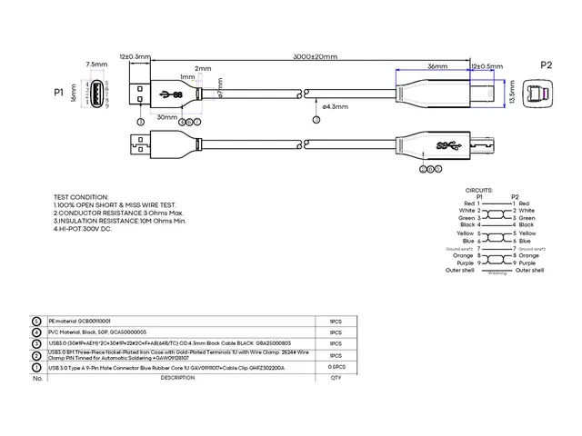 Vision - USB-kabel USB-type A (hann) til USB Type B 3.0 3 m svart