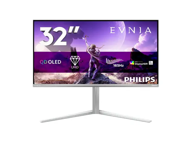 Philips Evnia 6000 32M2N6901A - OLED-skjerm gaming - USB - 32" (31.5" synlig) - 3840 x 2160 4K UHD (2160p) @ 165 Hz - 1000 cd/m² - 1500000:1 - DisplayHDR 400 True Black - 0.03 ms - 2xHDMI, DisplayPort, USB-C - høyttalere - hvit 