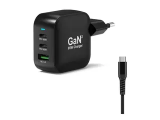 PORT Connect - Strømadapter - GaN II, with 2 m cable 65 watt - 5 A - PD 3.0, QC 3.0 - 3 utgangskontakter (2 x USB-C, USB-type A) - på kabel: USB-C - Europa