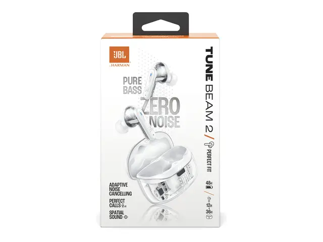 JBL TUNE Beam 2 - Ghost Edition - True wireless-hodetelefoner med mikrofon i øret - Bluetooth - aktiv støydemping - spøkelseshvit 