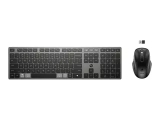 HP 725 - Tastatur- og mussett - multi-enhet, oppladbar, drevet av SuperCapacitor full size - trådløs - Bluetooth, 2.4 GHz - Pan Nordic - kveldningssvart - Smart Buy