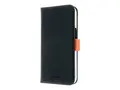 Insmat Exclusive - Lommebok for mobiltelefon ekte skinn, polykarbonat, kartong+papir+aluminiumsfolie - svart, oransje - for Apple iPhone 15 Pro