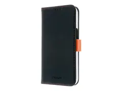 Insmat Exclusive - Lommebok for mobiltelefon ekte skinn, polykarbonat, kartong+papir+aluminiumsfolie - svart, oransje - for Apple iPhone 15 Pro