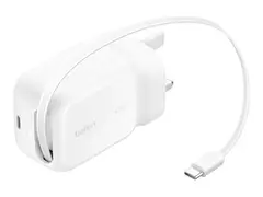 Belkin UltraCharge - Strømadapter - retractable GAN 45 watt - Fast Charge - 2 utgangskontakter (USB-C) - hvit