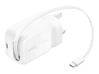 Belkin UltraCharge - Strømadapter - retractable GAN 45 watt - Fast Charge - 2 utgangskontakter (USB-C) - hvit