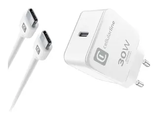 Cellularline - Str&#248;madapter - 30 watt PD (24 pin USB-C) - p&#229; kabel: USB-C - hvit