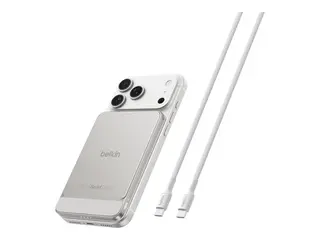 Belkin UltraCharge Pro - Trådløs nødlader slim, with BoostSolid Cell - 5000 mAh - 1S (1S1P) - 22.5 watt - Fast Charge, Apple 2.4A, QC, PD, USB BC 1.2 (magnetisk, USB-C) - på kabel: USB-C - sand