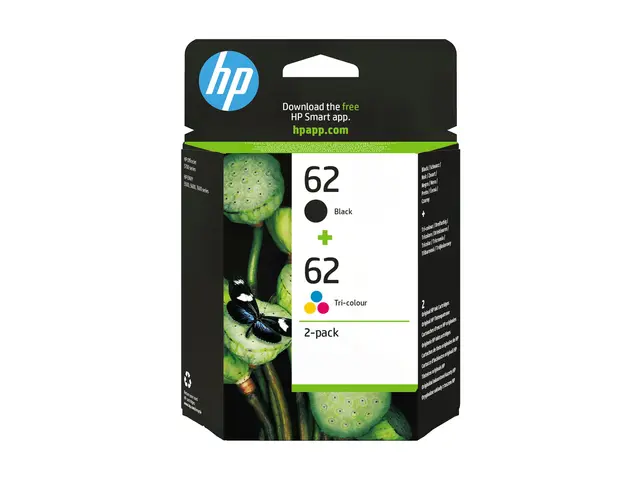 HP 62 - 2-pack pigmentert svart, farge (cyan, magenta, gul) origin...