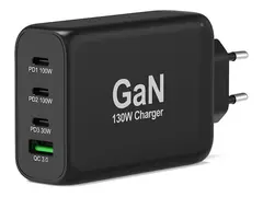 PORT Connect - Strømadapter - GaN - 130 watt 5 A - PD, QC 3.0 - 4 utgangskontakter (USB-type A, 3 x USB-C) - på kabel: USB-C - Europa