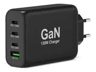 PORT Connect - Strømadapter - GaN - 130 watt 5 A - PD, QC 3.0 - 4 utgangskontakter (USB-type A, 3 x USB-C) - på kabel: USB-C - Europa