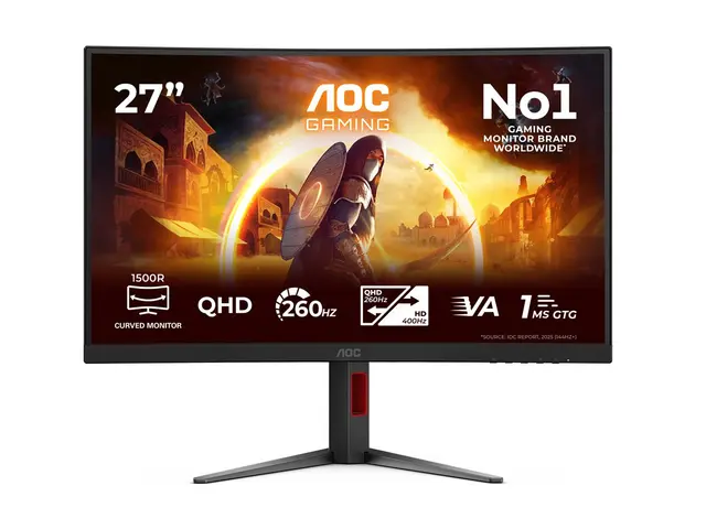 AOC Gaming CQ27G4Z2 - LED-skjerm - gaming kurvet - 27" - 2560 x 1440 QHD @ 260 Hz - Fast VA - 350 cd/m² - 3000:1 - DisplayHDR 400 - 0.3 ms - 2xHDMI, DisplayPort - svart, rød 