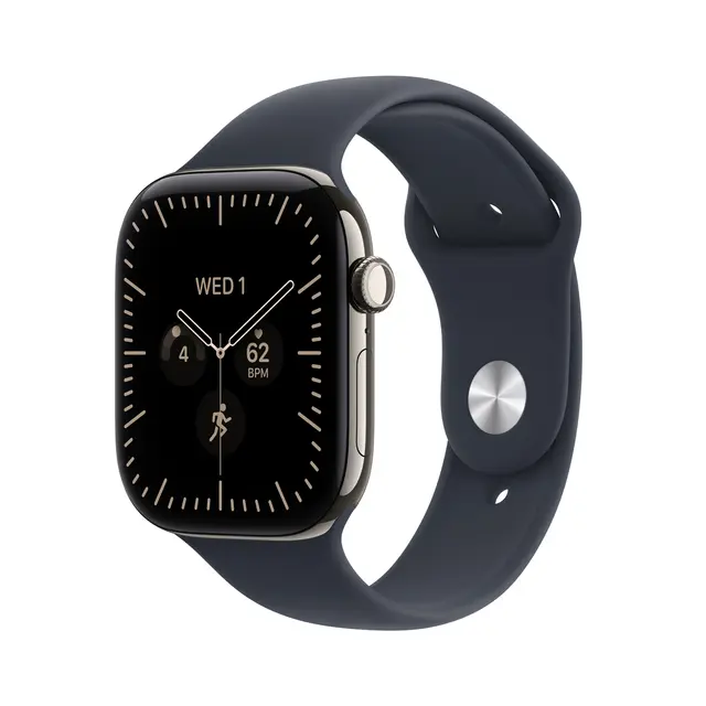 Apple Watch Series 12 GPS + Cellular 46mm Natural Titanium Case with Navy Blue Sport Band S/M 